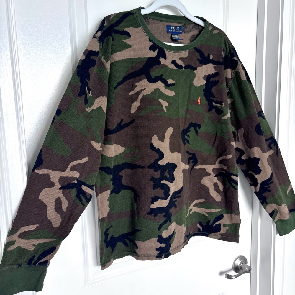 Ralph Lauren Green Camo Waffle knit Crewneck Longsleeve Blaze Orange Logo XL